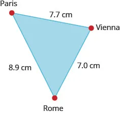 This is an image of a triangle. Clockwise beginning at the top, each vertex is labeled. The top vertex is labeled “Paris”, the next vertex is labeled “Vienna”, and the next vertex is labeled “Rome”. The distance from Paris to Vienna is 7.7 centimeters. The distance from Vienna to Rome is 7 centimeters. The distance from Rome to Paris is 8.9 centimeters.
