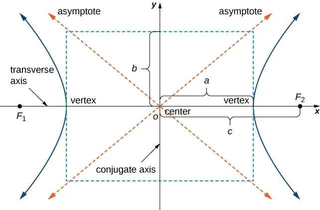 A hyperbola is drawn with center at the origin. The vertices are at (a, 0) and (−a, 0); the foci are labeled F1 and F2 and are at (c, 0) and (−c, 0). The asymptotes are drawn, and lines are drawn from the vertices to the asymptotes; the intersections of these lines are connected by other lines to make a rectangle; the shorter axis is called the conjugate axis and the larger axis is called the transverse axis. The distance from the x axis to either line forming the rectangle is b.