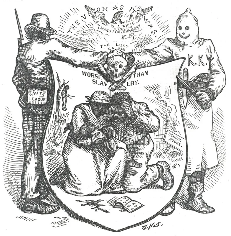 An illustration shows a man labeled “White League” shaking hands with a hooded figure labeled “KKK.” Their hands meet over a skull and crossbones. Below, a shield shows a Black couple weeping over a baby. In the background, a schoolhouse burns, and a lynched freedman is shown hanging from a tree. Above the shield, which is labeled “Worse than Slavery,” the text reads, “The Union as it Was: This is a White Man’s Government.”