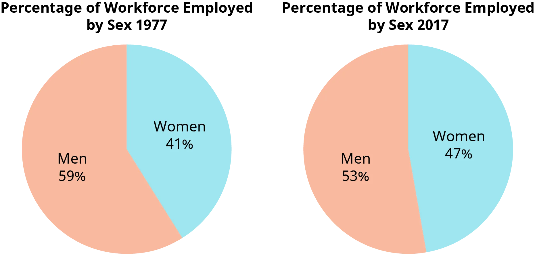 An illustration compares the percentage of the workforce by gender in 1977 to 2017.