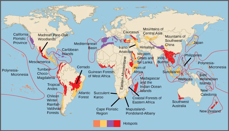  Biodiversity hotspots are indicated on a world map. Most hotspots occur in coastal regions and on islands.