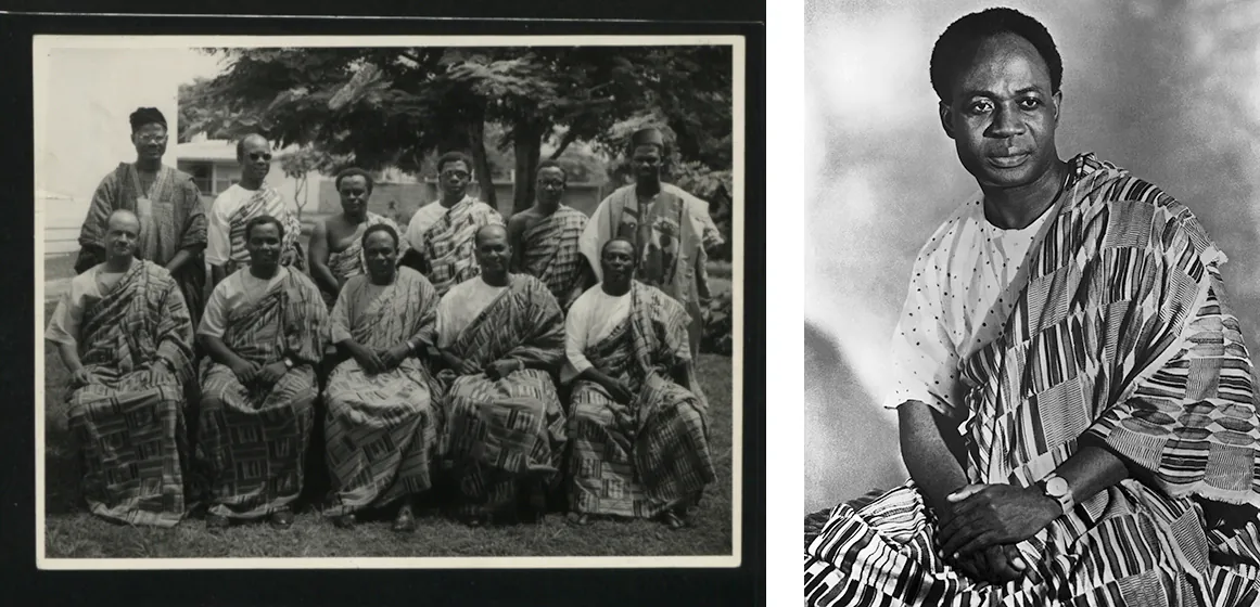 Left: A group of African men dressed in traditional clothing seated in two rows for a formal photograph; Right: A posed portrait of an African man. He looks directly into the camera, with a boldly-patterned cloth draped over one shoulder.