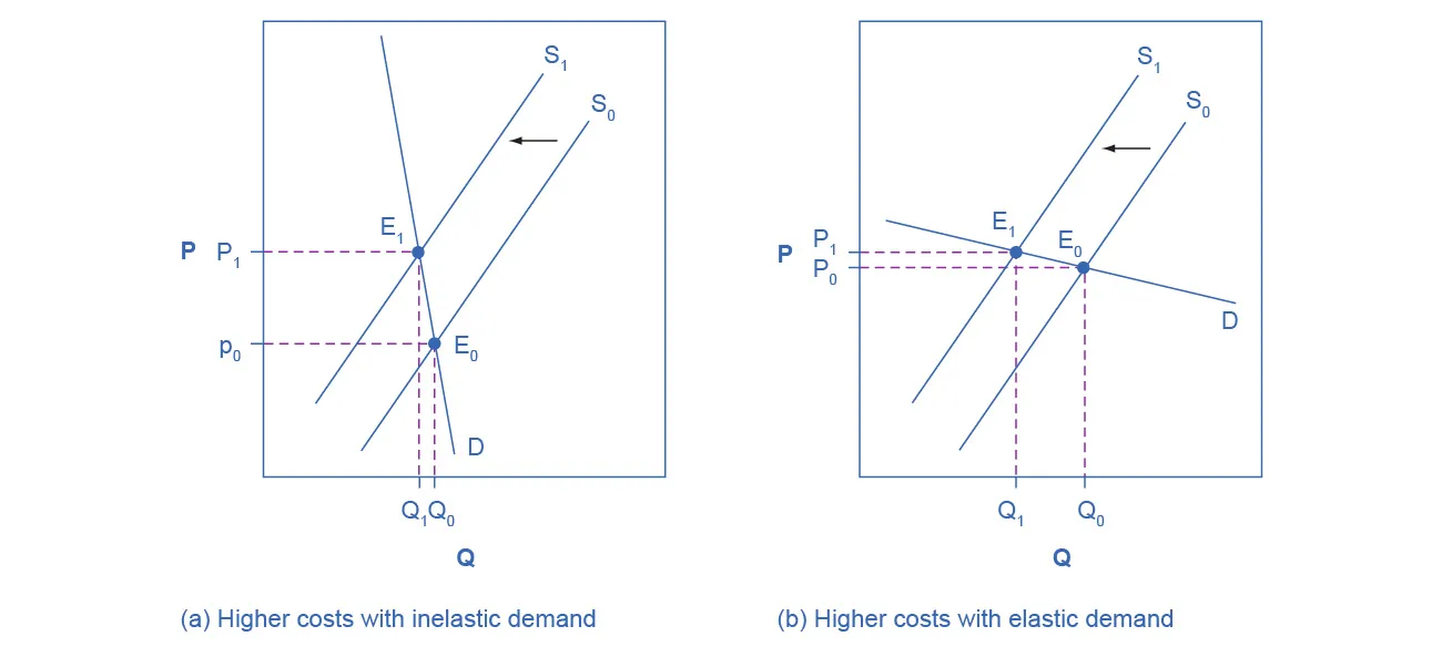 These two graphs show how a supply shift affects price and quantity. Figure (a) shows how supply shifts when demand is inelastic and figure (b) shows how supply shifts when demand is elastic.
