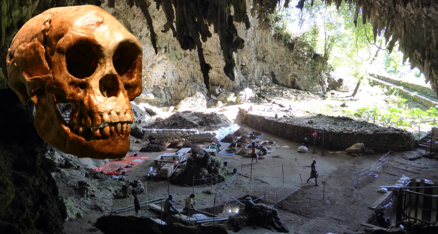Very large cave opening with people working on the floor. Overlaying this image is a hominin skull.