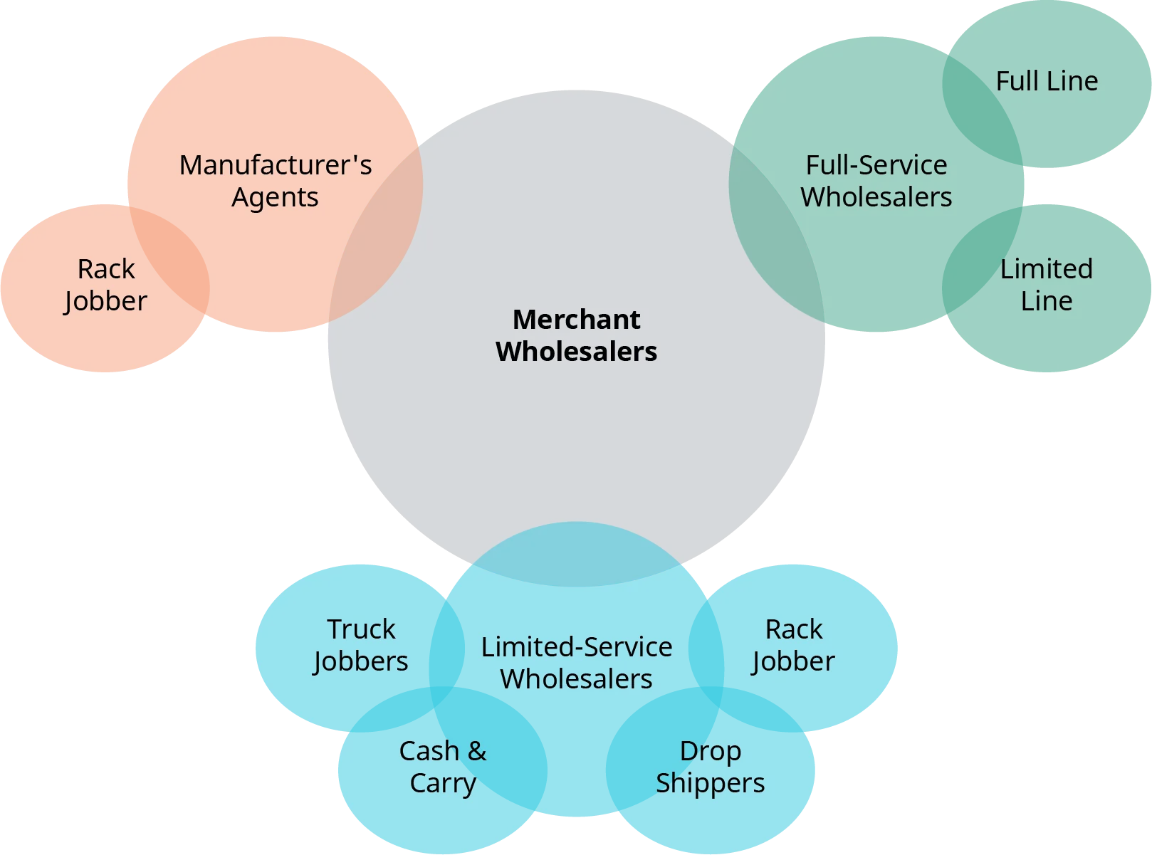 A diagram uses overlapping circles shows the different types of wholesalers. The largest circle in the center is merchant wholesalers. Three slightly smaller circles slightly overlap Merchant Wholesalers - but not each other. These circles are labelled manufacture’s agents, full service wholesalers, and limited service wholesalers. Each of these circles has slightly smaller circles overlapping them. Rack jobber is grouped with manufacture’s agents. Full line and limited line are grouped with full service wholesalers. Rack jobber, drop shipper, cash and carry, and truck jobbers are grouped with limited service wholesalers.