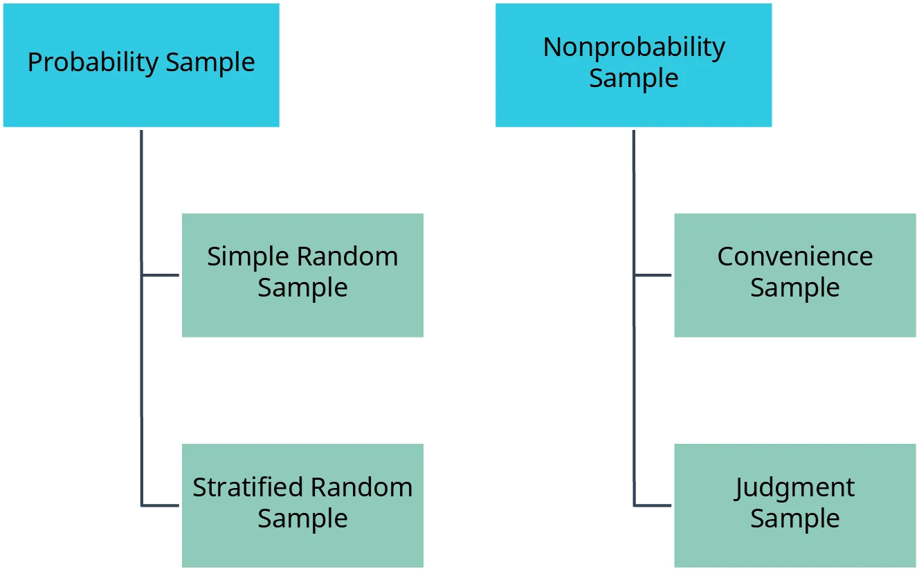 Examples of probability samples and nonprobability samples are shown. Examples of probability samples are simple random sample and stratified random sample. Examples of nonprobability samples are convenience sample and judgment sample.