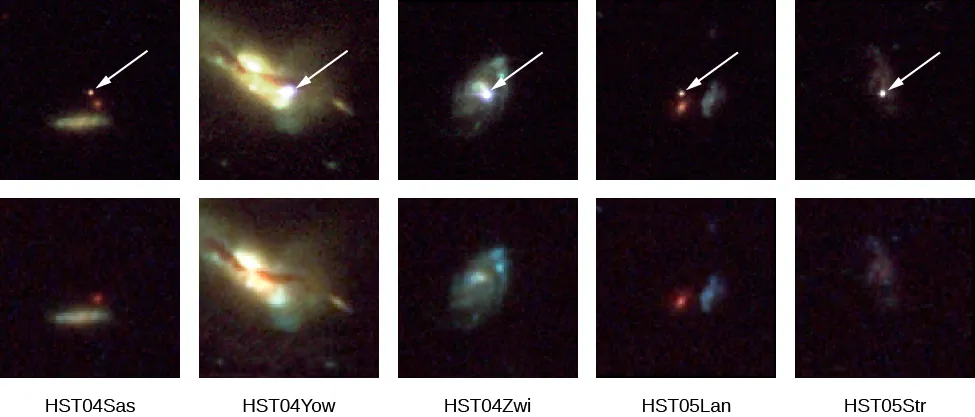 Images of Supernovae in Other Galaxies. The top row of images is centered on the supernova observed in each galaxy, indicated with a white arrow. The bottom row shows the same galaxies before (or after) the explosion. From left to right are the galaxies: HST04Sas, HST04Yow, HST04Zwi, HST05Lan and HST05Str.