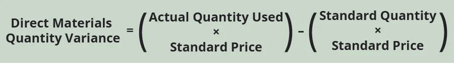 Direct Materials Quantity Variance equals (Actual Quantity of Materials Used for Units Produced minus Standard Quantity of Materials Expected for the Units Produced) times Standard Price.