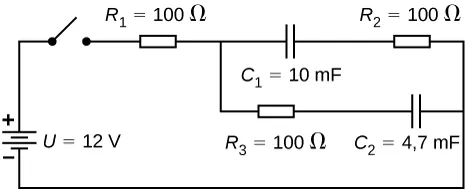 Dodatni zacisk żródła napięcia V dla 12 V jest połączony z otwartym przełącznikiem. Drugi koniec otwartegp pzełącznika jest połączony z opornikiem R ze znakiem 1 dla 100 Ω, ktory jest połączony do dwóch równoległych rozgałęzień. Pierwsze ma opornik C ze znakiem 1 przy 10 mF i R ze znakiem 2 dla 100 Ω. Druga gałąź ma R ze znakiem 3 przy 100 Ω i C ze znakiem 2 przy 4,7 mF. 