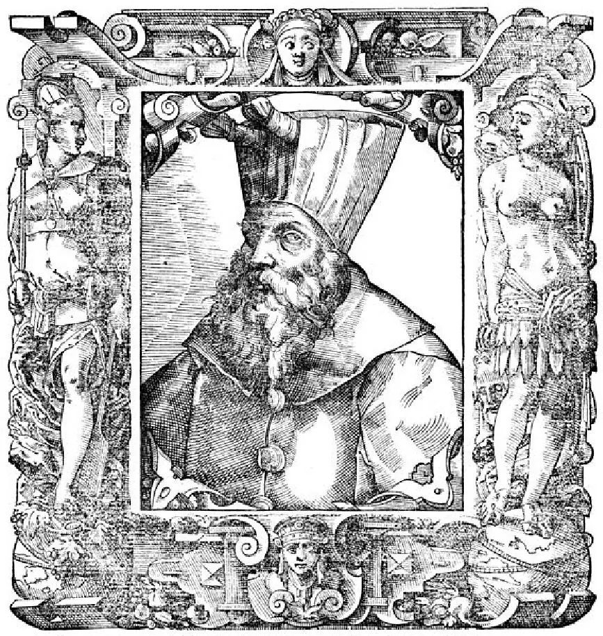This woodcut portrait shows a man with a full beard wearing a tall hat and a cloak. The portrait is framed by smaller images of other people.