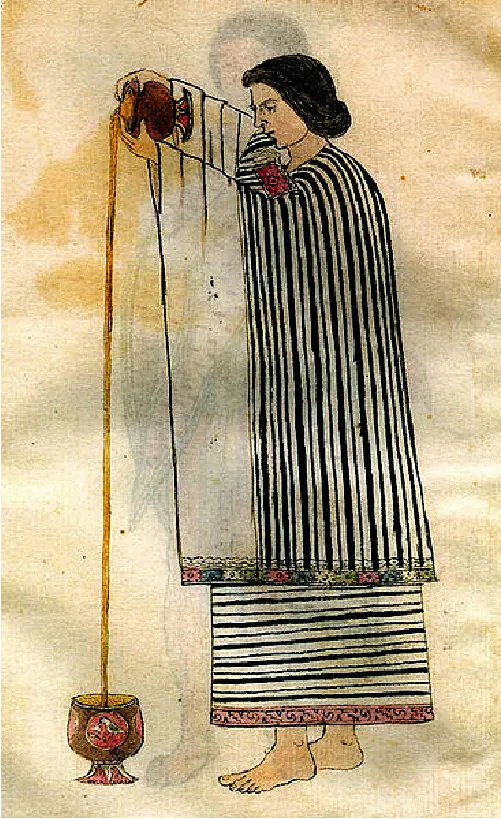 The drawing shows a barefoot woman in a long, striped dress with colorful trim. She holds a container high in the air with both arms and pours a brown liquid from it into a brown container with red drawings located on the floor at her feet.