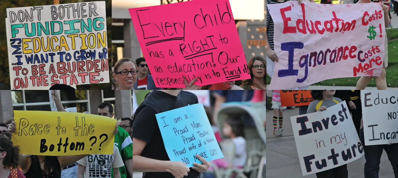 An image of six handwritten signs. The signs read “Don’t bother funding my education… I want to grow up to be a burden on the state”, “Every child has a right to an education! Our responsibility is to fund it!”, “Education costs $! Ignorance costs more”, “Race to the bottom??”, “I am a… proud mom, proud teacher, proud wife of a teacher. No more cuts!”, and “Invest in my future”.