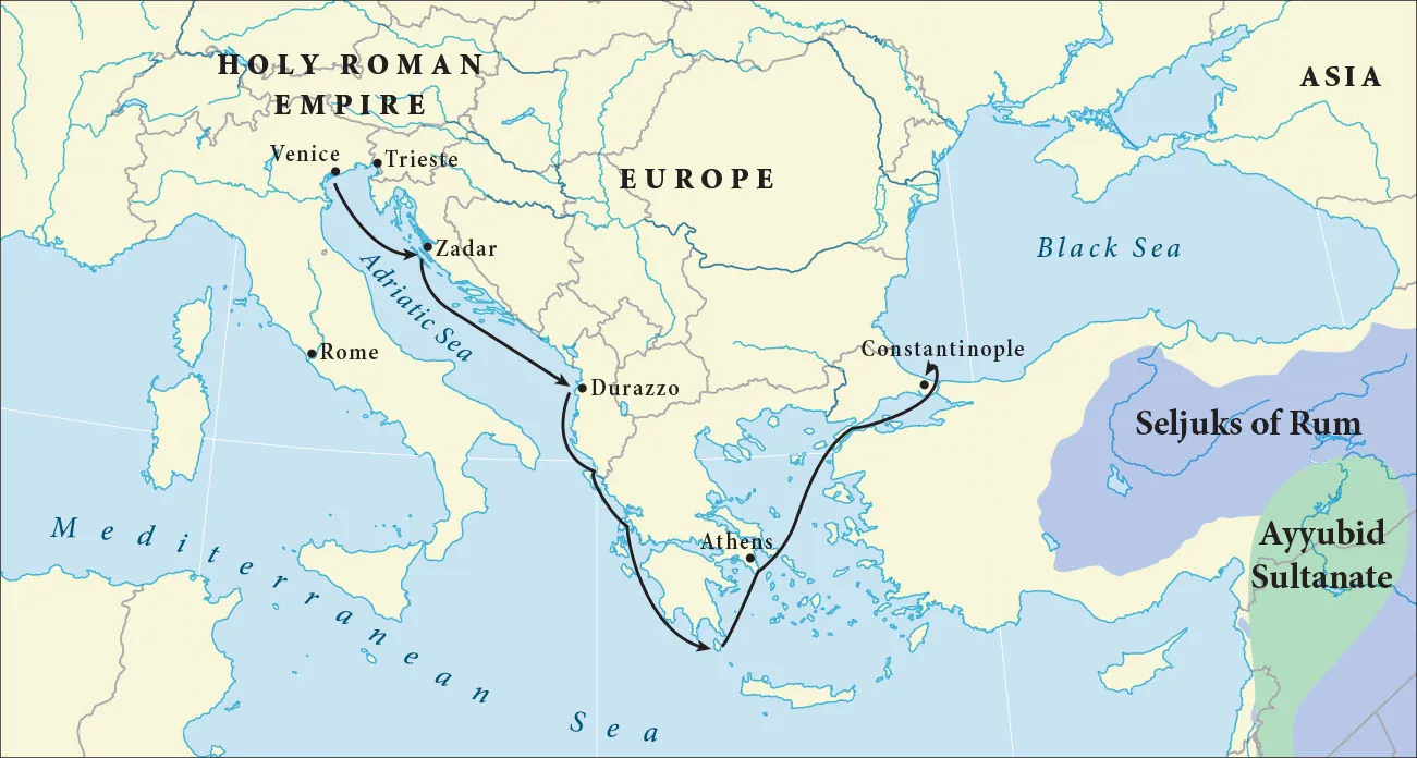 A map of the world is shown, land highlighted in white and water in blue. The Mediterranean Sea is shown in the southwest, while the Adriatic Sea is labelled in the west and the Black Sea is labelled in the northeast. Asia is labelled in the northeast corner and Europe in labelled in the north. An area in the northwest is labelled “Holy Roman Empire.” A black arrow begins at the city of Venice, labelled at the north of the Adriatic Sea and heads south, stopping at the city of Zadar on the east coast of the Adriatic, then down to the city of Durazzo and south around islands at the northeast of the Mediterranean. The arrow then heads north to the city of Athens and then to the city of Constantinople located on the southwest end of the Black Sea. The city of Rome is labelled at the north of the Mediterranean Sea. An area south of the Black Sea in a backward “C” shape is highlighted purple and labelled “Seljuks of Rum.” A small green area inside this purple area is labelled “Ayyubid Sultanate.”