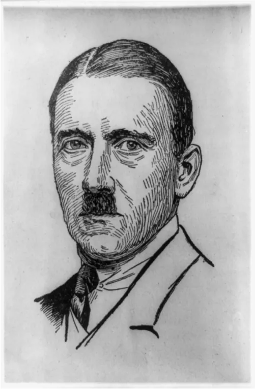 A drawing of a man who wears a shirt, tie, and jacket. His hair is parted to the side, and he wears his distinctive narrow mustache.