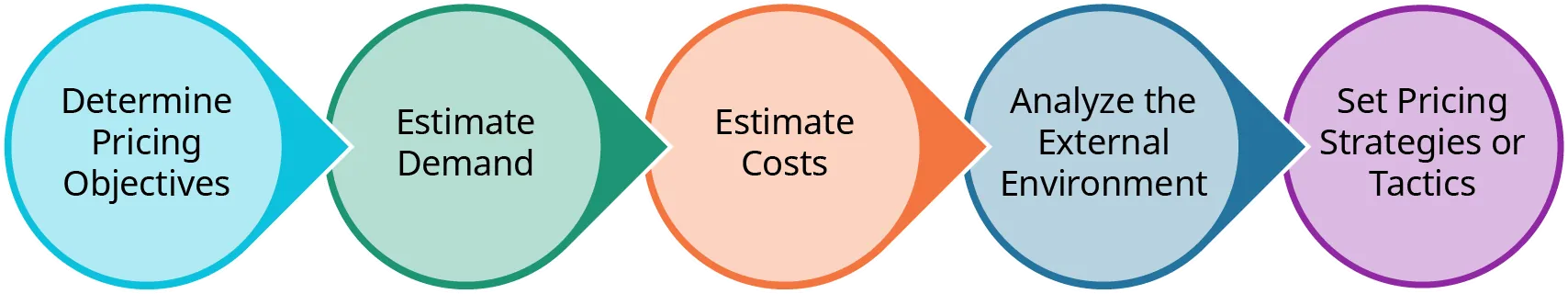 The five step policy for establishing pricing policies are displayed as circles in a horizontal row, with a point pointing rightward to the next step. Starting at the left, the policies are: determine pricing objectives, estimate demand, estimate costs, analyze the external environment, and set pricing strategies or tactics.