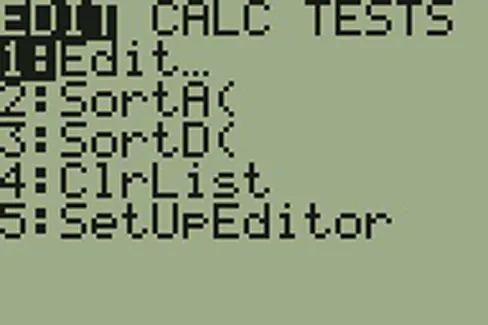 Figure three shows the words edit, calc, tests on the top of a calculator. 1: edit 2: sort A 3: Sort D, 4:Clr List, and 5:Set up Editor