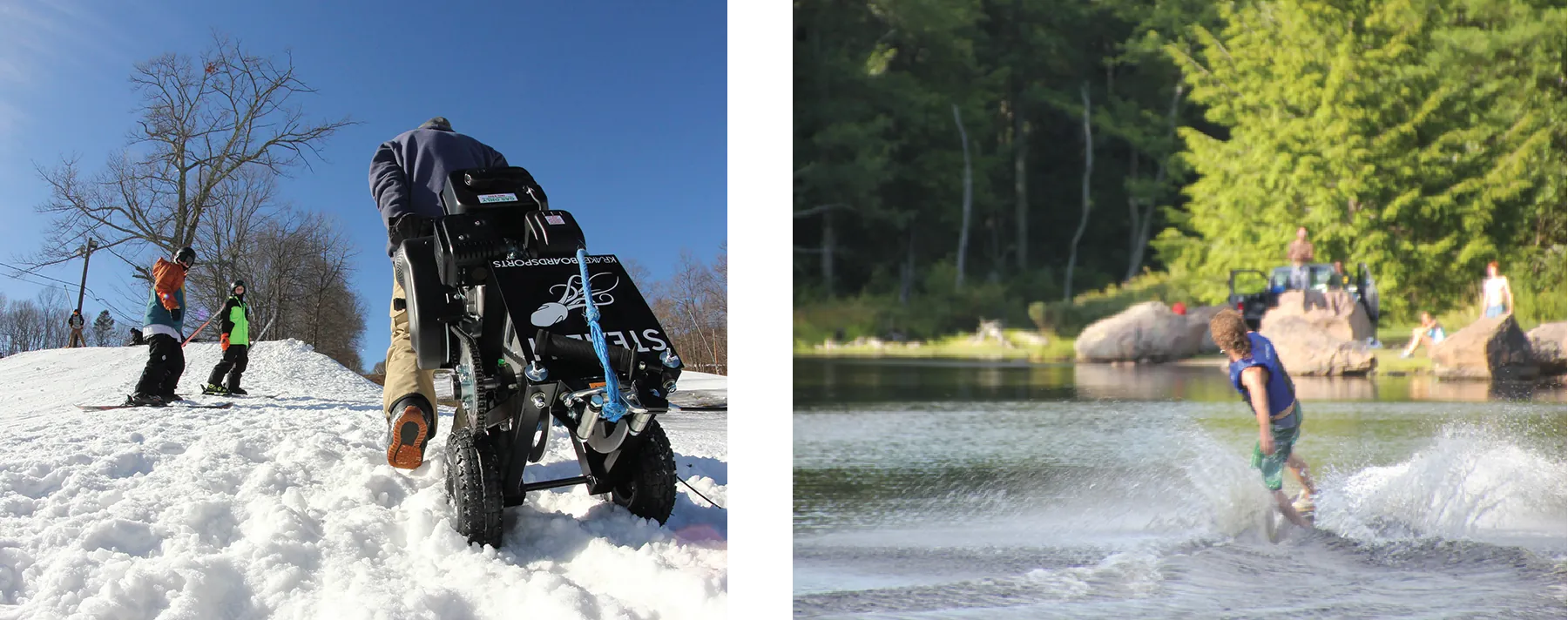 A photograph shows a person climbing a snow-covered hill carrying a winch on wheels. A photograph shows a person ski-boarding on a lake.