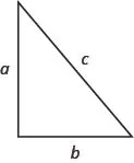 Image shows a right triangle with horizontal and vertical legs. The vertical leg is labeled a. The horizontal side is labeled b. The hypotenuse is labeled c.