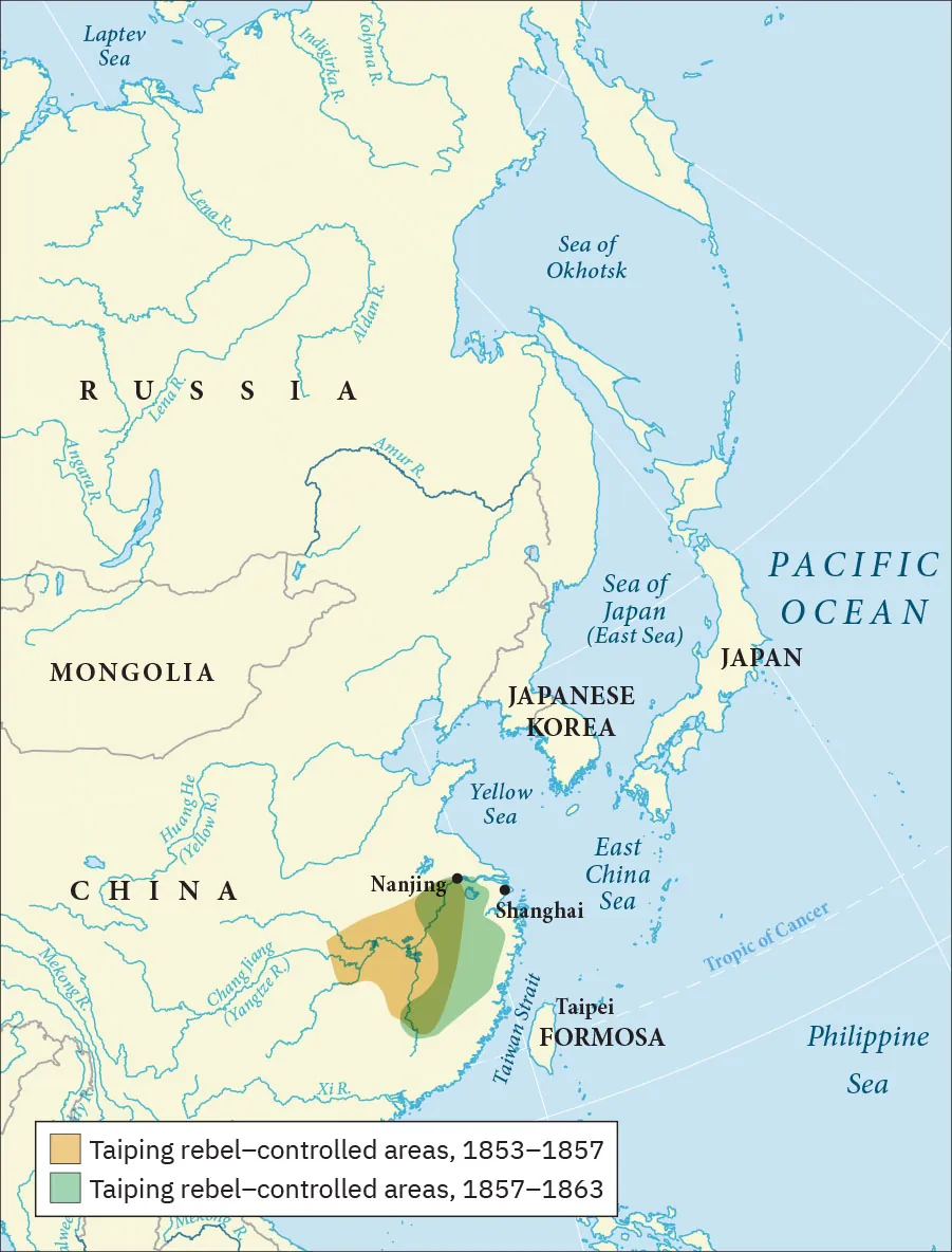 A map of eastern China, Mongolia, and Russia is shown. Japan, Japanese Korea, Taipei Formosa, the Sea of Okhotsk, the Sea of Japan (East Sea), the Yellow Sea, the East China Sea, the Taiwan Strait, and the Philippine Sea are also shown. Inland in eastern China, a triangular portion is highlighted orange indicating “Taiping rebel-controlled areas, 1853–1857.” A light green long thin area along the Taiwan Strait is highlighted light green indicating “Taiping rebel-controlled areas, 1857–1863.” Between the two areas in a kidney shaped area where both colors overlap. At the top of the overlap is the city of Nanjing. Just east, along the coast of the sea is Shanghai.