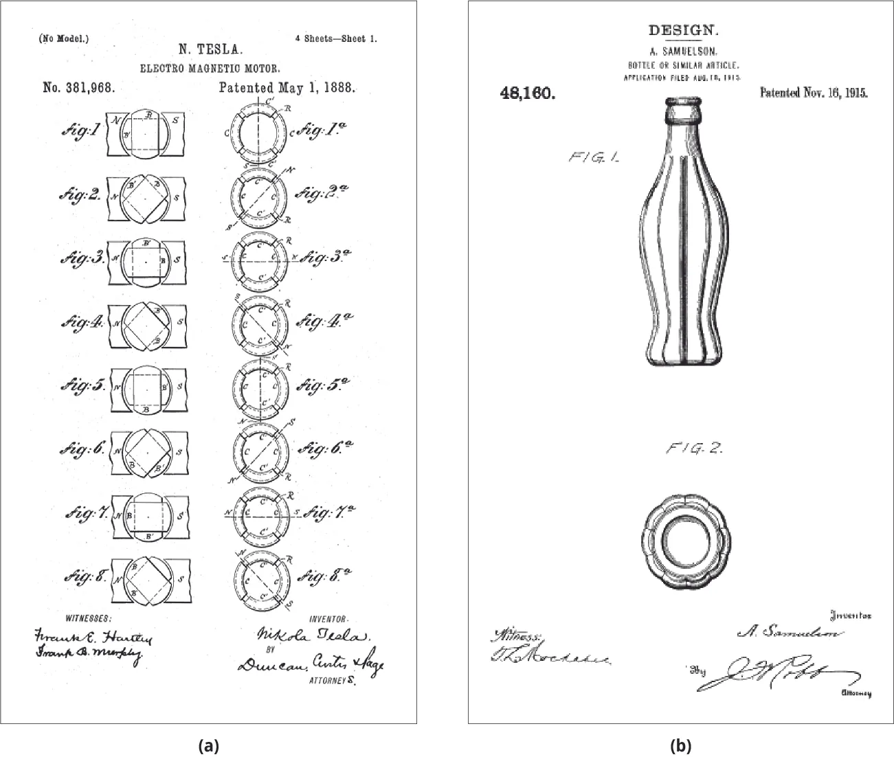 In (a), a drawing of different views of an alternating-current motor. In (b), drawings of the front view and top-down view of a soft drink bottle.
