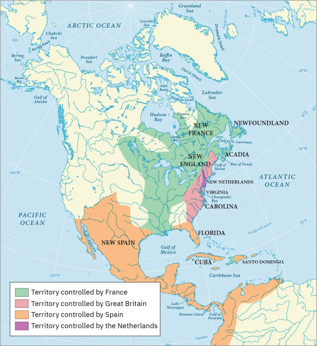 A map of North America, the Arctic Ocean, and the northwest portion of South America is shown, along with the Pacific and Atlantic Oceans. An area along the Atlantic coast of the U.S. from the Gulf of Maine, down through Virginia by the Chesapeake Bay and into land labeled “Carolina” is highlighted pink as Territory controlled by Great Britain. Splitting the pink area is a very small sliver south of the Gulf of Maine labeled “New Netherlands” and highlighted purple as Territory controlled by the Netherlands. West of the pink and purple areas, is a large portion of North America highlighted green from the Labrador Sea in Canada, including Newfoundland, Acadia, New France, and New England. It runs south to the Gulf of Mexico, and west to the middle of the U.S. and is labeled Territory controlled by France. This territory also includes the western half of Santo Domingo. All of Central America stretching up into a portion of the U.S., labeled new Spain, along with Florida, Cuba, and the eastern portion of the island of Santo Domingo in the Caribbean Sea is highlighted orange as Territory controlled by Spain.