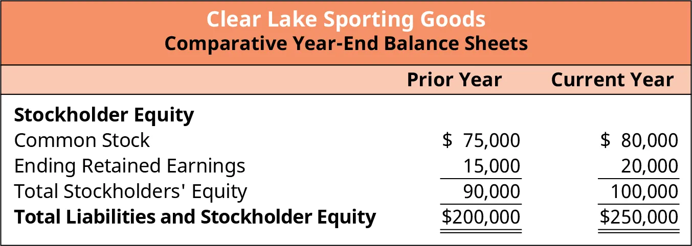 Clear Lake Sporting Goods’ Stockholder Equity Section of Balance Sheet. The total liabilities and stockholder equity has grown from $200,000 in the previous year to $250,000 in the current year.