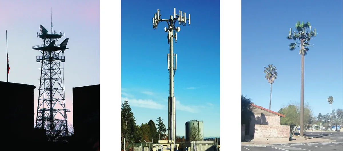 This figure consists of three cell phone tower images. The first involves a structure that uses a significant degree of scaffolding. The second image includes a tower with what appears to be a base that is essentially a large pole that branches out at the very top. The third image shows a cell phone tower that appears to be disguised as a palm tree.