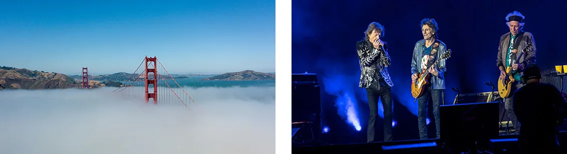 (left) The Golden Gate Bridge covered in fog; (right) Three members of the Rolling Stones performing on stage, with artificial fog being released by a machine behind them.