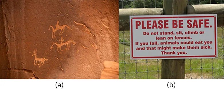 Photo A shows cave etchings appearing to show people on horseback. Photo B shows a sign that reads, 'Please be safe. Do not stand, sit, climb, or lean on fences. If you fall animals could eat you ad that might make them sick.'