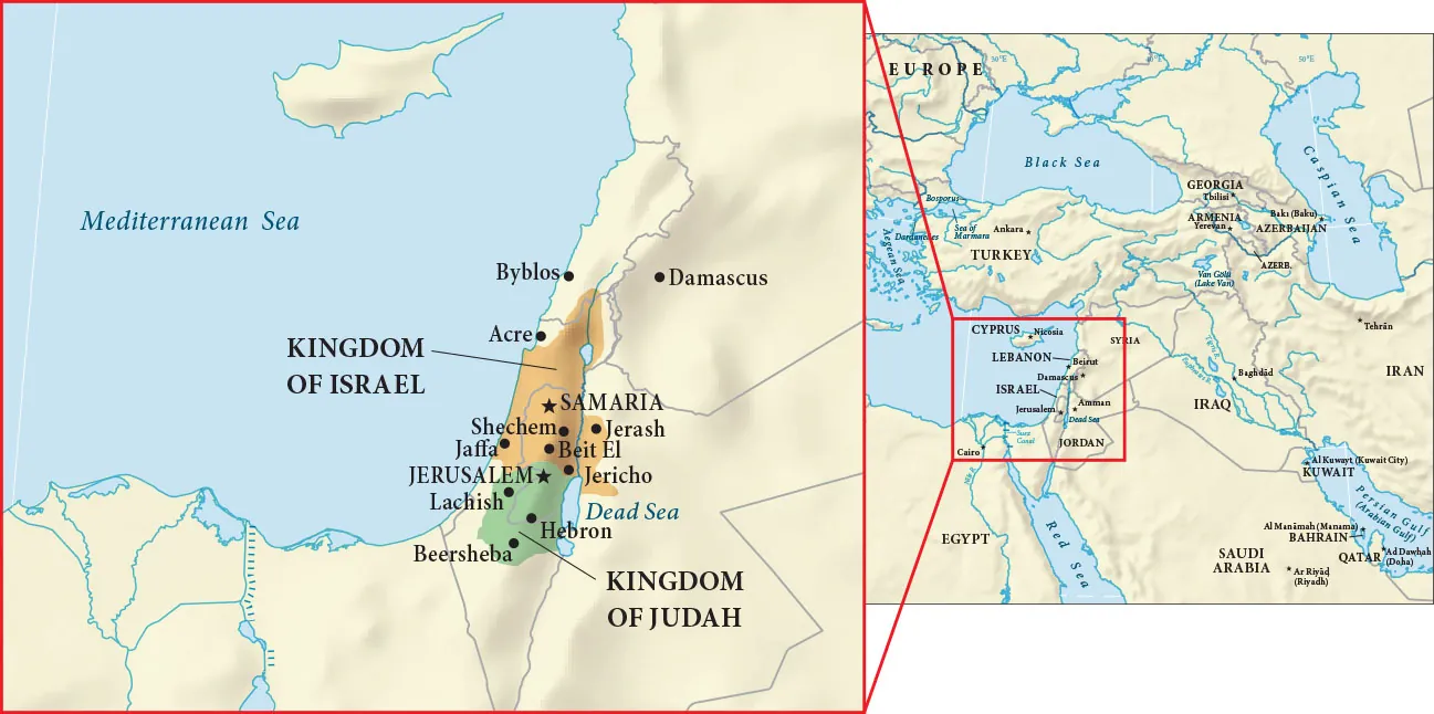 On the left, a map of the Middle East is shown. A box includes Cyprus, the western half of Syria, Lebanon, Israel, Jordan, and the northeastern corner of Egypt. A second map shows this region larger. Along the Mediterranean Sea's eastern coast, a section of land is highlighted orange and labeled Kingdom of Israel. Inside this region, there is a star indicating Samaria. Other cities include Shechem, Jerash, Beit El, Jericho, and Jaffa. Above this are, not highlighted are the cities of Damascus and then Byblos and Acre along the coast. South of the orange highlighted region is a smaller region highlighed green and labeled Kingdom of Judah. Inside this region, a star indicates Jerusalem. Other cities in this region include Lachish, Hebron, and Beersheba.