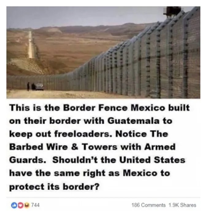 A long stretch of fence in a desert landscape with a caption beneath that reads: “This is the Border Fence Mexico built on their border with Guatemala to keep out freeloaders. Notice The Barbed Wire and Towers with Armed Guards. Shouldn’t the United States have the same right as Mexico to protect its border?”