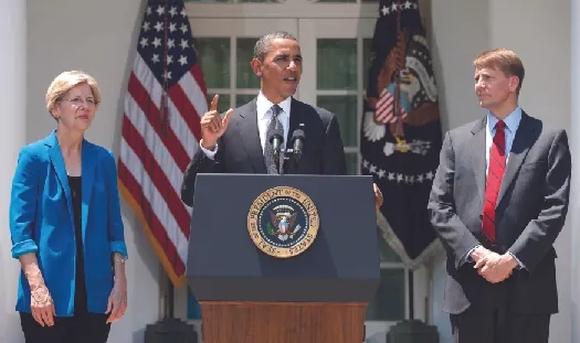 A photo of President Barack Obama speaking at a podium with Elizabeth Warren to his left and Richard Cordray to his right.