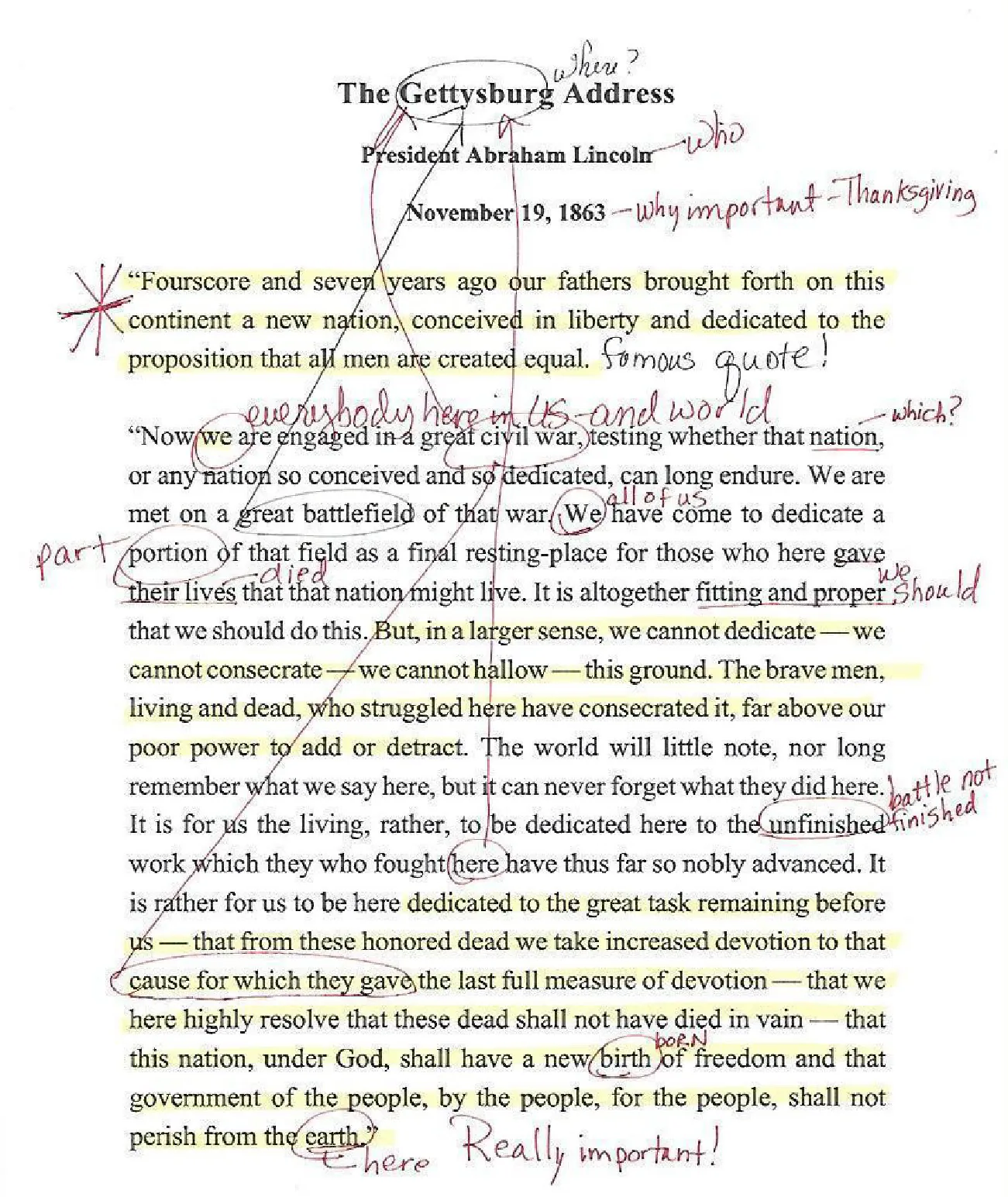 Photograph of a poorly annotated page of the Gettysburg Address by President Abraham Lincoln showing large blocks of yellow highlighting, words circled and minimal notations.