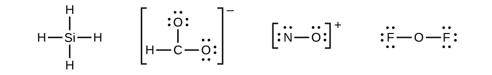 Se muestran cuatro estructuras de Lewis. El primero muestra un silicio unido a cuatro átomos de hidrógeno. La segunda muestra un carbono unido a dos átomos de oxígeno que tienen tres pares solitarios cada uno y un enlace simple con un hidrógeno. Esta estructura está entre corchetes y tiene un superíndice de signo negativo cerca de la esquina superior derecha. La tercera estructura muestra un nitrógeno unido a un oxígeno, cada uno con tres pares solitarios de electrones. Esta estructura está entre corchetes con un superíndice de signo positivo en la esquina superior derecha. La última estructura muestra dos átomos de flúor, cada uno de ellos con tres pares solitarios de electrones, unidos a un oxígeno central.