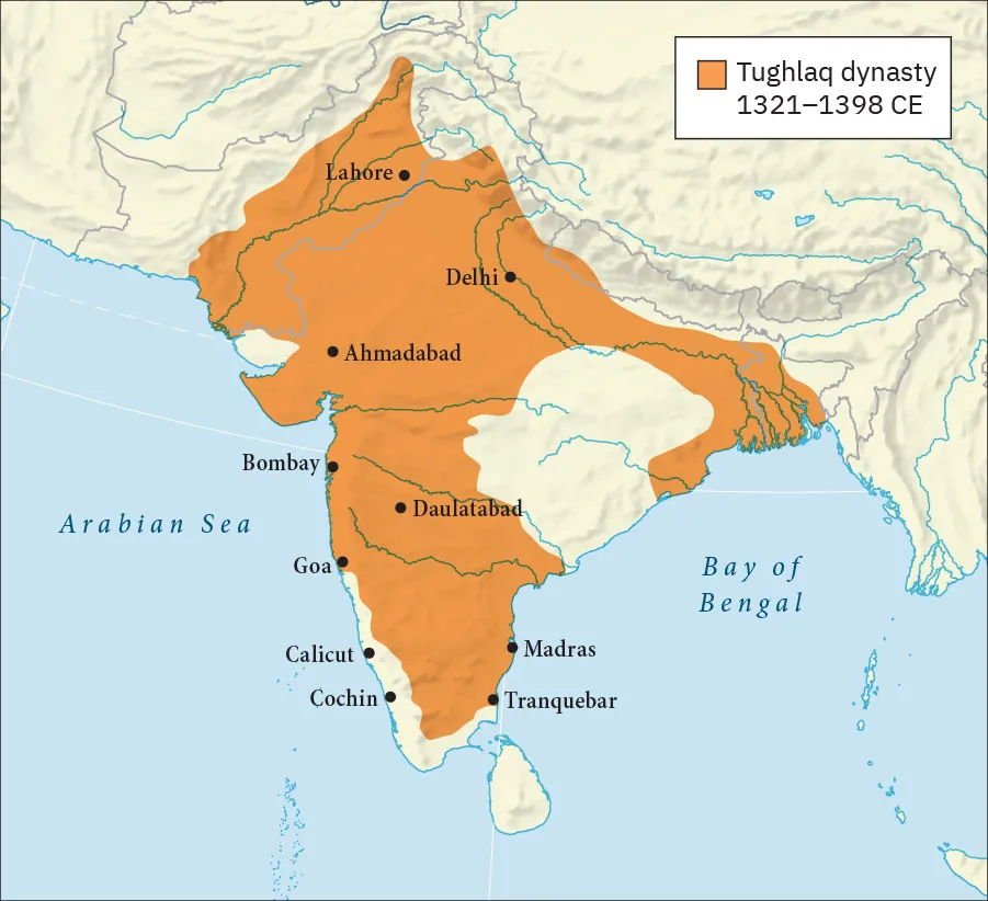 A map is shown. Land is highlighted beige and water blue. In the southwest, the Arabian Sea is labelled, and in the southeast the Bay of Bengal is labelled. The top half of the map is land and an upside down triangle shaped mass sticks out in the lower half. Most of this land is highlighted orange except for a “U” shaped section at the southern tip and a circle section in the east. These cities are labelled within the orange area, from north to south: Lahore, Delhi, Ahmadabad, Bombay, Daulatabad, Goa, Madras, and Tranquebar. Along the southwestern coast, Calicut and Cochin are labelled outside of the orange area.
