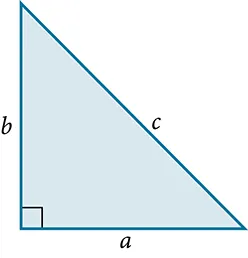 Right triangle with the base labeled: a, the height labeled: b, and the hypotenuse labeled: c