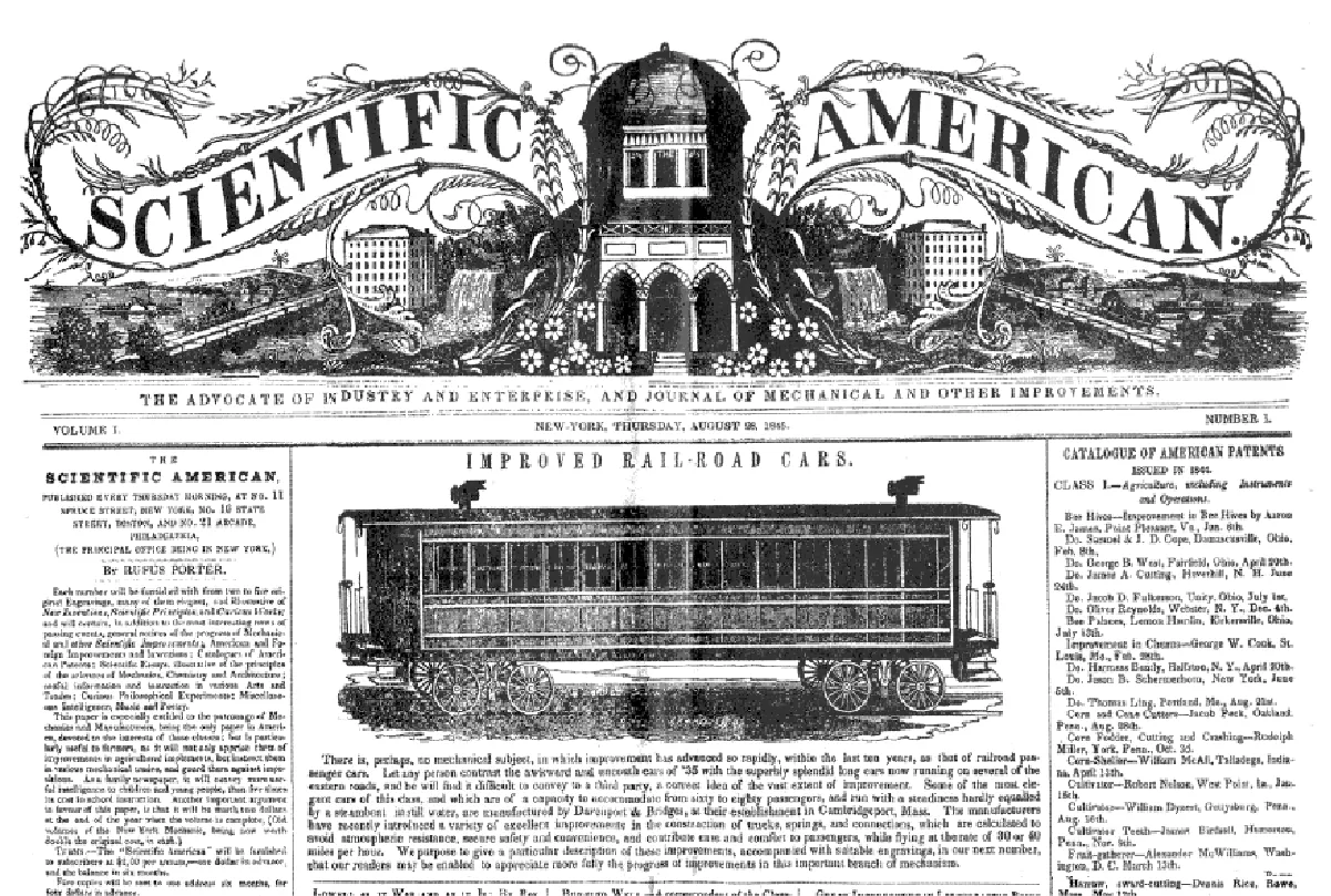 An image of a front page of Scientific American from 1845. The featured article is of an Improved Rail Car.