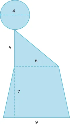 A geometric shape is shown. It is a trapezoid with a triangle attached to the top, and a circle attached to the triangle. The diameter of the circle is 4. The height of the triangle is 5, the base of the triangle, which is also the top of the trapezoid, is 6. The bottom of the trapezoid is 9. The height of the trapezoid is 7.