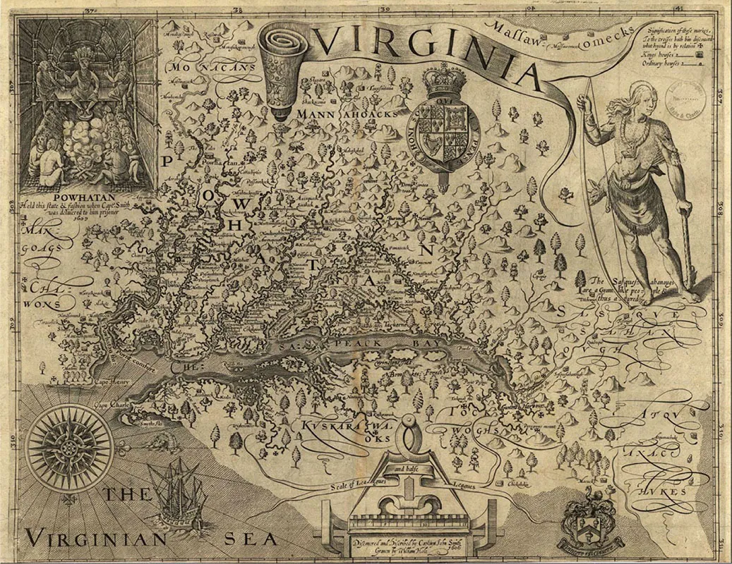 A detailed 1622 map of Virginia is shown. Powhatan, in the upper left, sits above the lesser leaders of the area. Susquehannock appears in the upper right, clad in traditional dress and holding a bow.