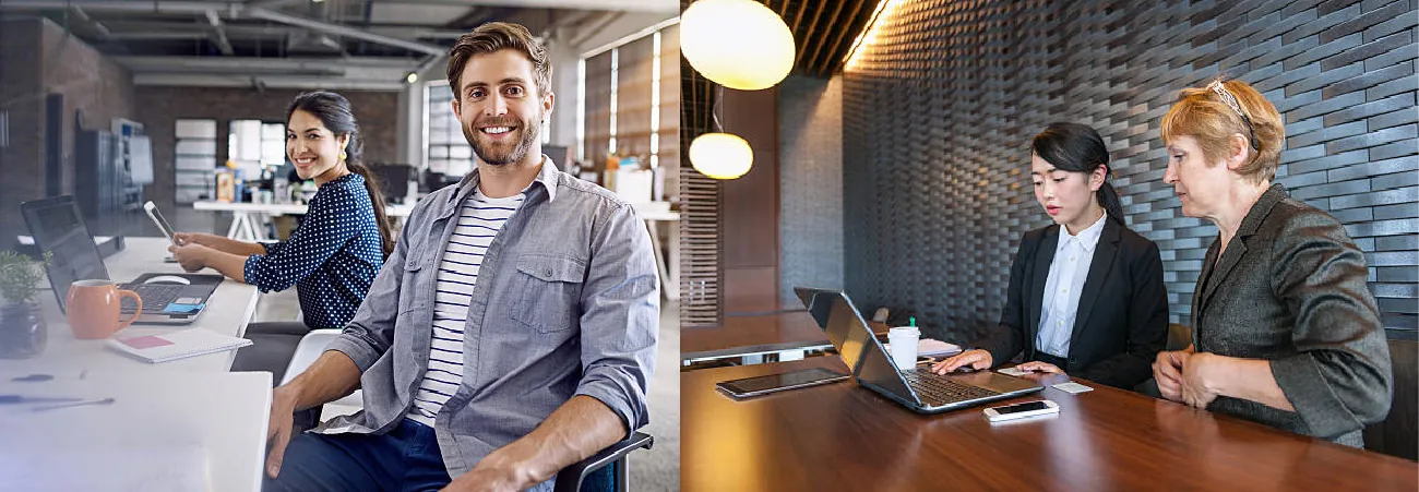 A set of two photos show people working in different office environments.