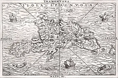 A sixteenth-century map shows the island of Hispaniola. Large ships and sea creatures are depicted in the surrounding waters.