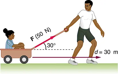 A child is sitting inside a wagon and being pulled by a boy with a force F at an angle thirty degrees upward from the horizontal. F is equal to fifty newtons, the displacement vector d is horizontal in the direction of motion. The magnitude of d is thirty meters.