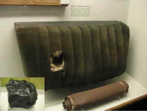 A photo of a car seat preserved in a museum, with a hole in it left by a meteorite. In the corner is a smaller photo of the Benld meteorite.