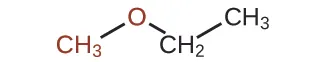 Se muestra una estructura molecular con un grupo C H subíndice 3 rojo enlazado hacia arriba y a la derecha a un átomo de O en rojo. El átomo de O está enlazado hacia abajo y a la derecha a un grupo C H subíndice 2. El grupo C H subíndice 2 está enlazado hacia arriba y hacia la derecha a un grupo C H subíndice 3.