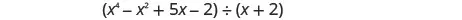 A polynomial, x to the fourth power minus x squared minus 5 x minus 2, divided by another polynomial, x plus 2.