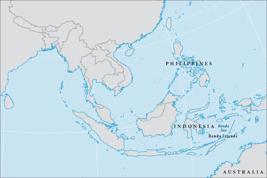 This map shows the Philippines, Singapore, Indonesia, and a portion of Australia. The Banda Islands are labeled at the bottom right of the map, in between Indonesia and Australia.