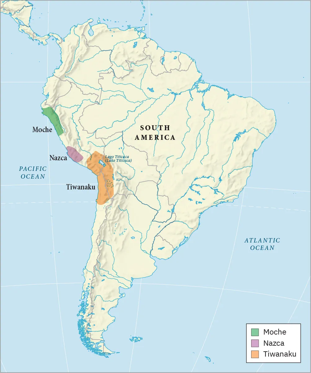 A map of South America is shown, with the Pacific Ocean labeled to the west and the Atlantic Ocean labeled to the east. Blue and gray lines are seen crisscrossing all over the continent. A rectangular area along the west coast on the upper half of the continent is highlighted green and labeled “Moche.” South of that an oval shaped area along the coast is highlighted pink indicating “Nazca.” South of that a large rectangular shaped area along the coast is highlighted orange indicating “Tiwanaku.” In this orange area at the northeast corner a body of blue water is labeled “Lago Titicaca (Lake Titicaca).”
