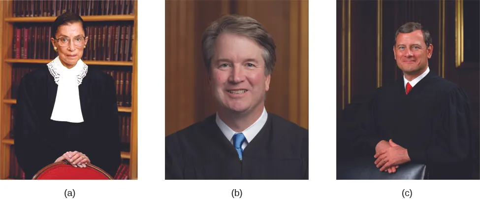  Image A is of Justice Ruth Bader Ginsburg. Image B is of Justice Brett Kavanaugh. Image C is of Justice John Roberts.