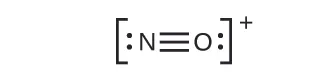 Una estructura de Lewis muestra un átomo de nitrógeno con un par solitario de electrones unido con triple enlace a un oxígeno con un par solitario de electrones. La estructura está entre corchetes y tiene un signo positivo en superíndice.