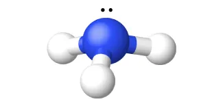 Un modelo de barras y esferas muestra un átomo de nitrógeno que tiene un enlace simple con tres átomos de hidrógeno. Hay un par solitario de puntos de electrones que aparece sobre el átomo de nitrógeno.
